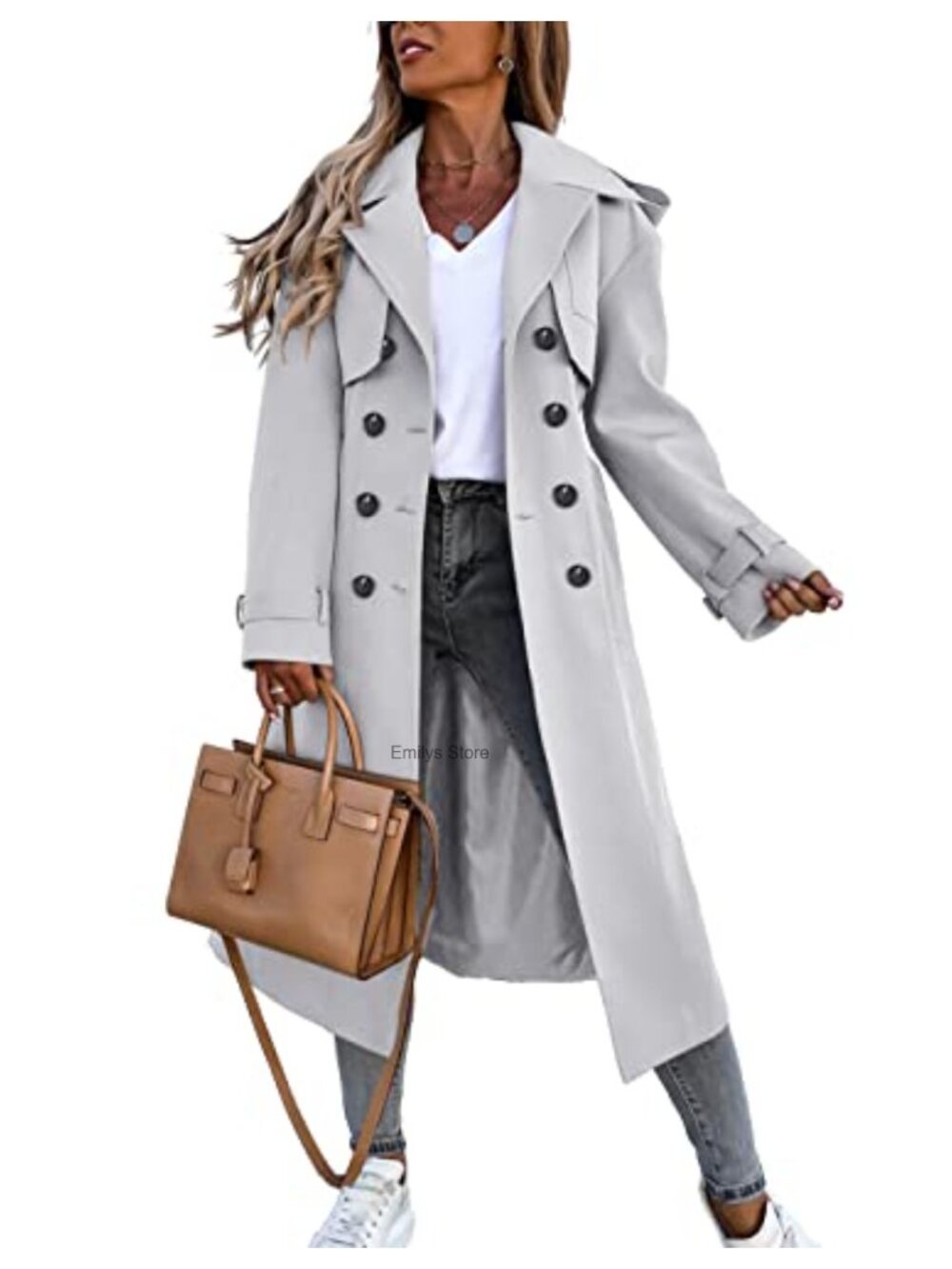 Women's Long Trench Coat Double Breasted Windproof Classic Overcoat